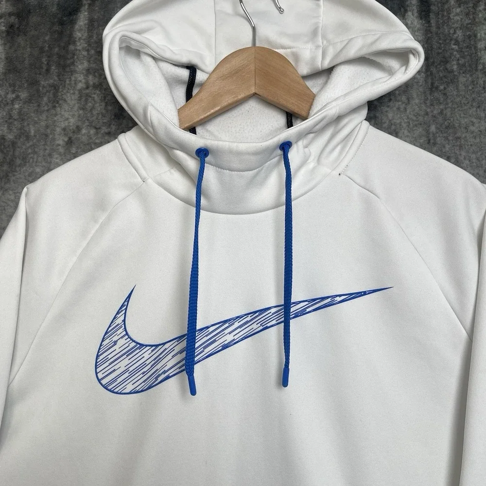 Nike Big Center Embroidered Blue Swoosh White Hoodie‎ Sweatshirt Medium